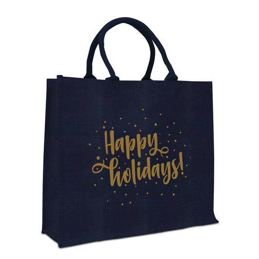 Jute Taschen dunkelblau mit Lurexfaden dessin: Happy holidays!