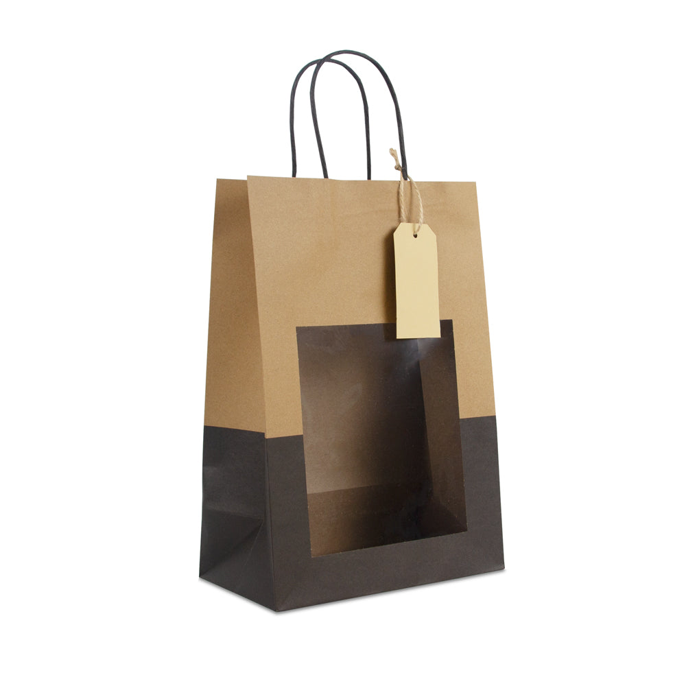 Geschenktasche mit Fenster aus Kraftpapier, mit Anhänger-Kärtchen