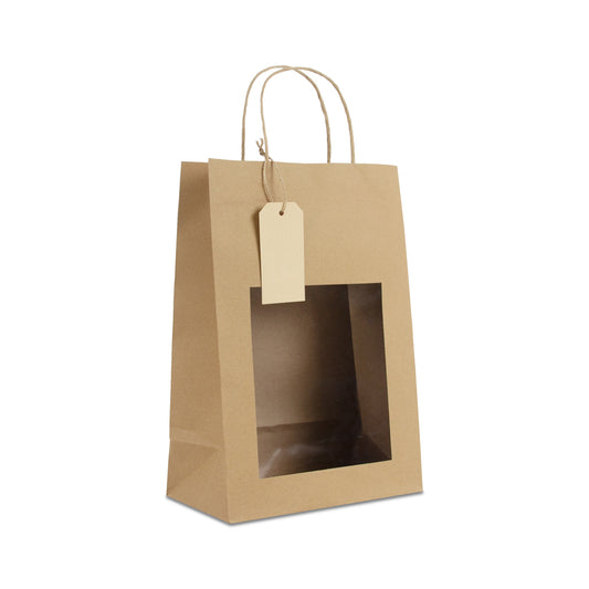 Geschenktasche mit Fenster aus Kraftpapier, mit Anhänger-Kärtchen
