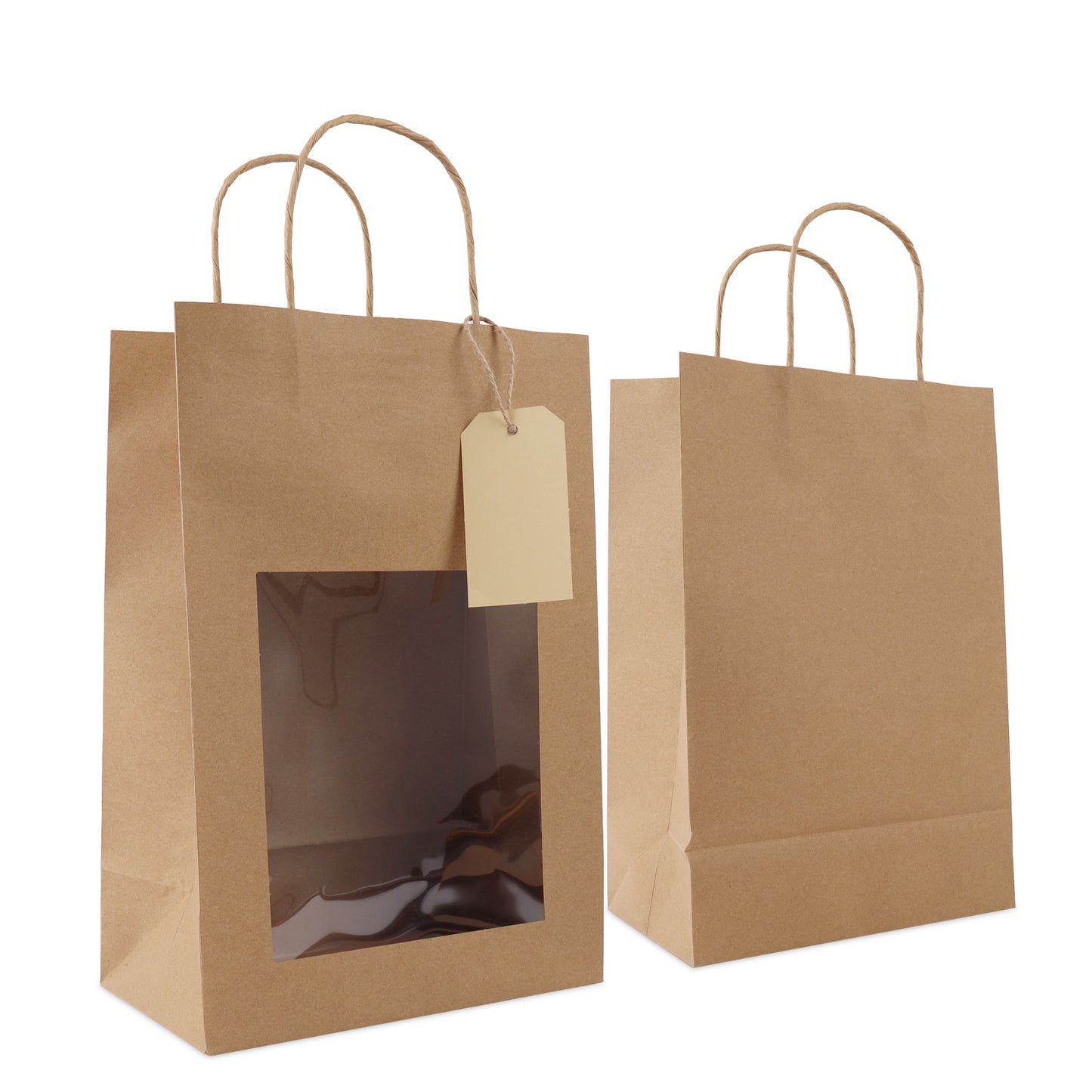 Geschenktasche mit Fenster aus Kraftpapier, mit Anhänger-Kärtchen
