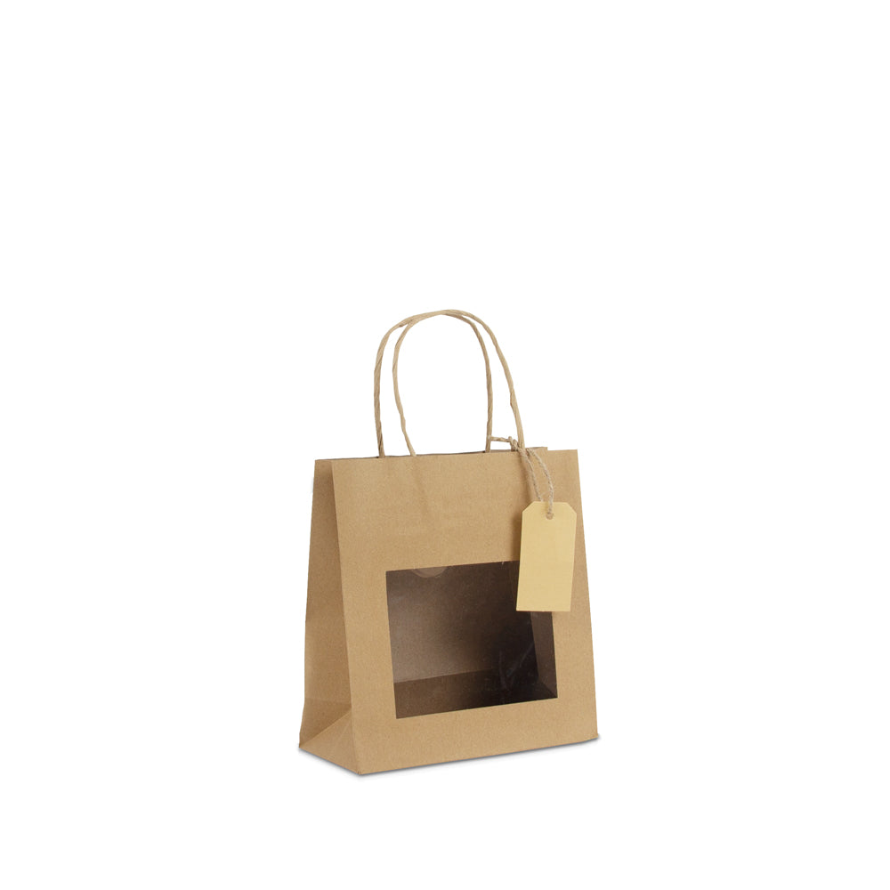 Geschenktasche mit Fenster aus Kraftpapier, mit Anhänger-Kärtchen